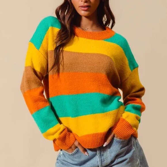 SO ME Multi Color Stripe Sweater with Ribbed Detail - Picture 1 of 13